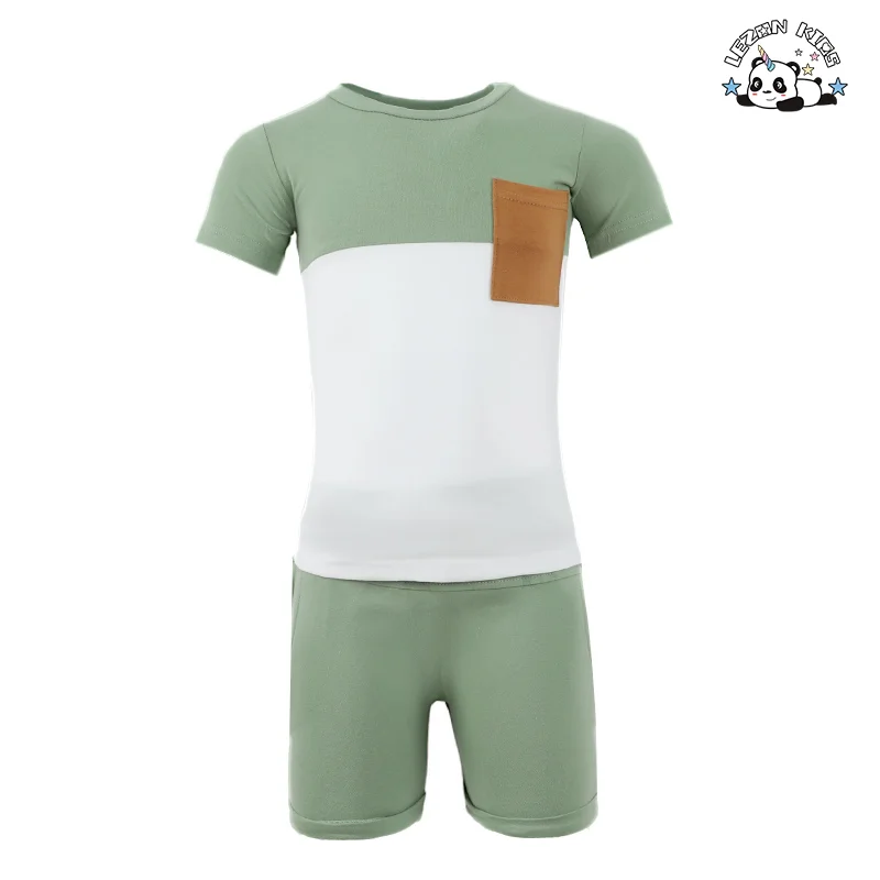 LEZONKIDS - Customizable New Fashion Suit Solid Color Block Boy Set Short Sleeve T Shirt Shorts 2 Piece Child Jogger Set